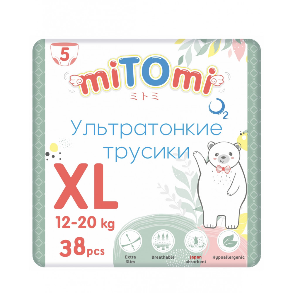 Подгузники-трусики miTOmi O2 ультратонкие, размер 5/XL (12-20 кг), 38 шт. в упаковке