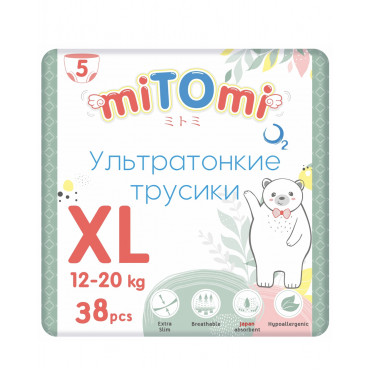 Подгузники-трусики miTOmi O2 ультратонкие, размер 5/XL (12-20 кг), 38 шт. в упаковке