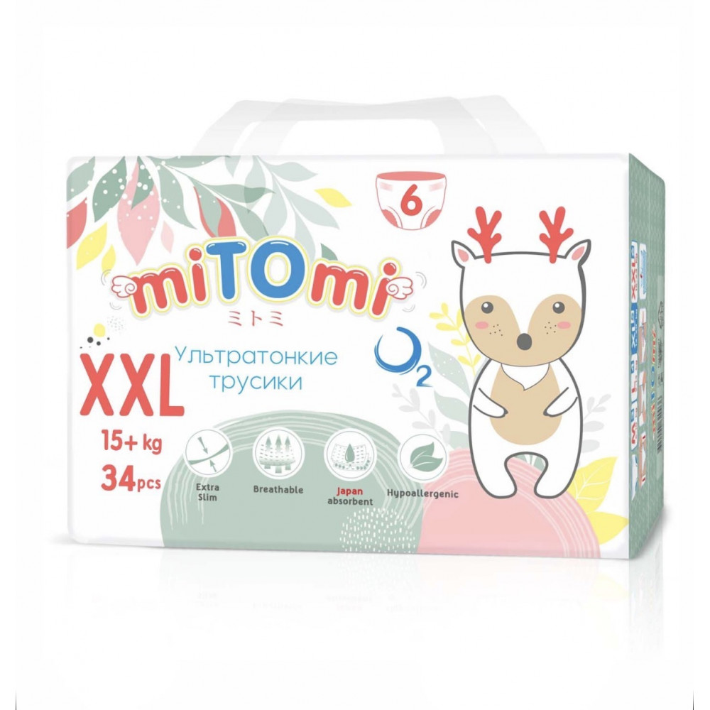 Подгузники-трусики miTOmi O2 ультратонкие, размер 6/XXL (15+ кг), 34 шт. в упаковке